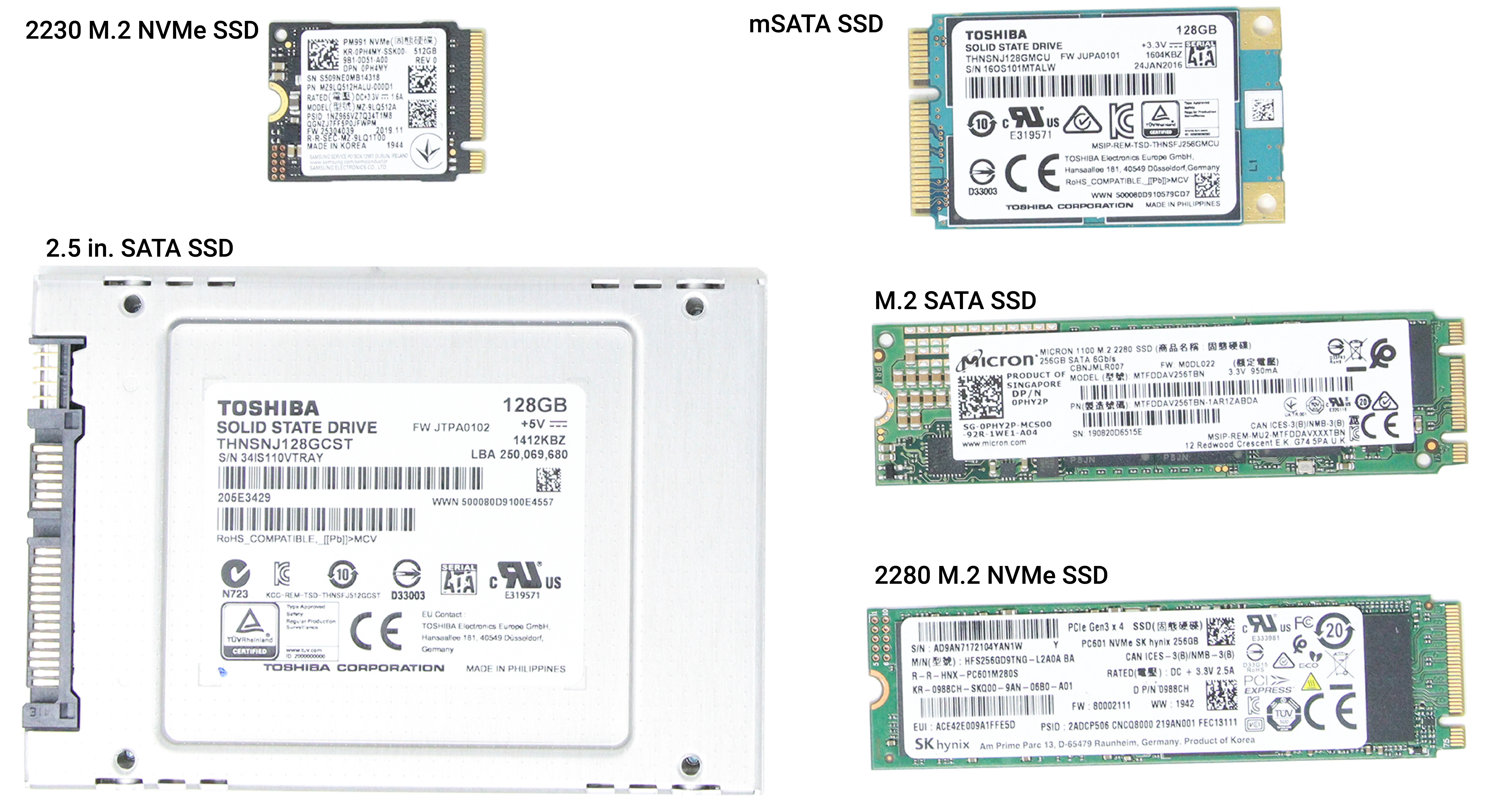 Different Solid State Drives labeled